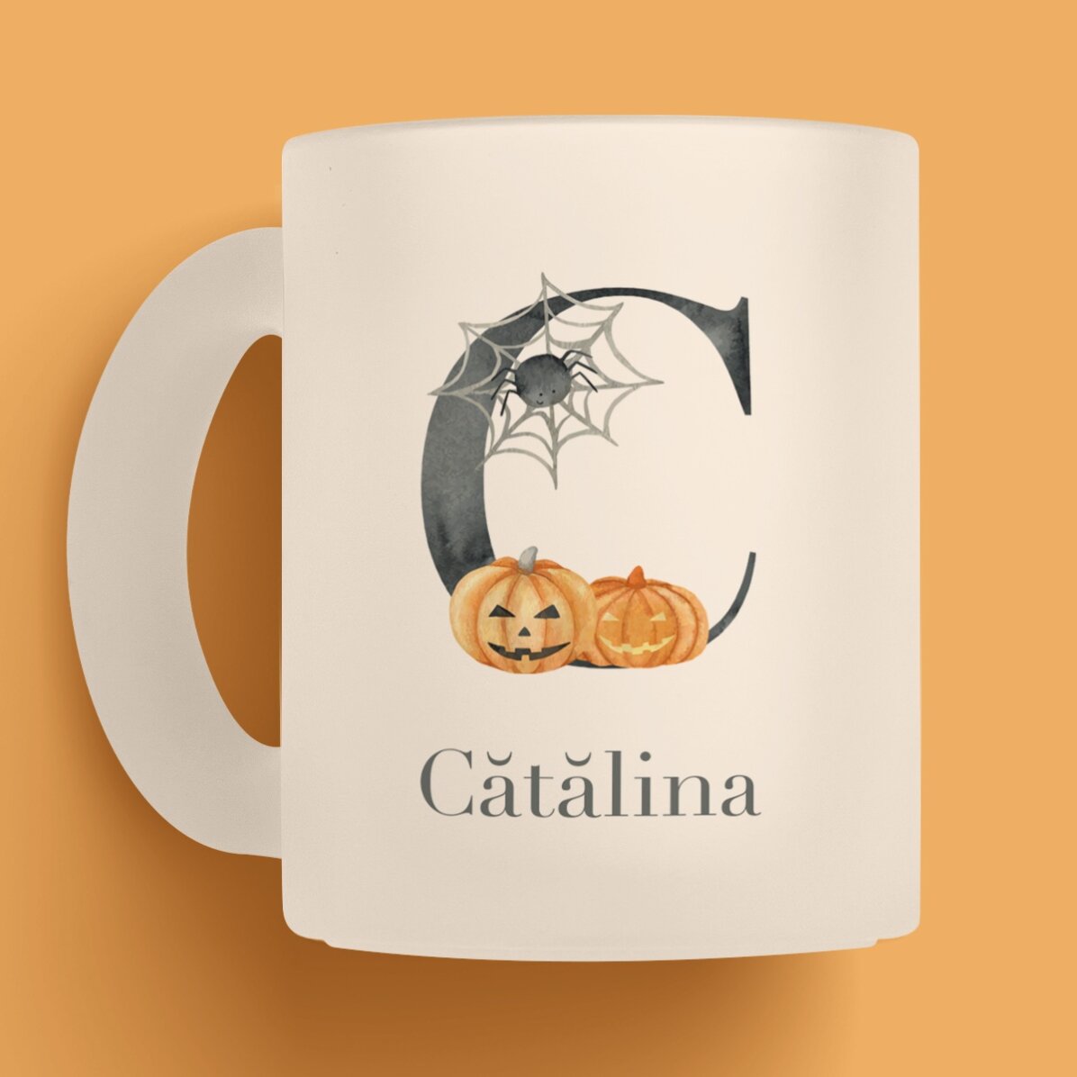 Cană mată personalizată cu inițială și nume - Halloween