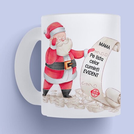 Cană sticlă mată personalizată cu mesaj și poză - Lista moșului