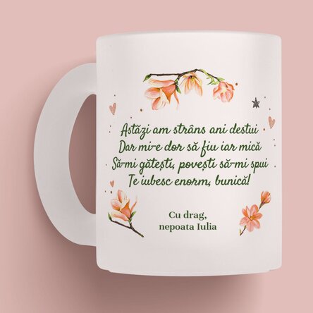 Cană sticlă mată personalizată cu mesaj și poză pentru bunica x Flick