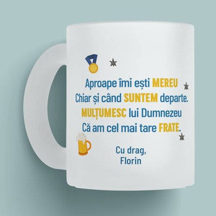 Cană sticlă mată personalizată cu mesaj și poză pentru frate x Flick