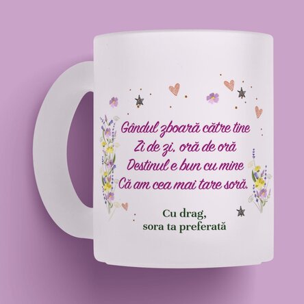 Cană sticlă mată personalizată cu mesaj și poză pentru soră x Flick