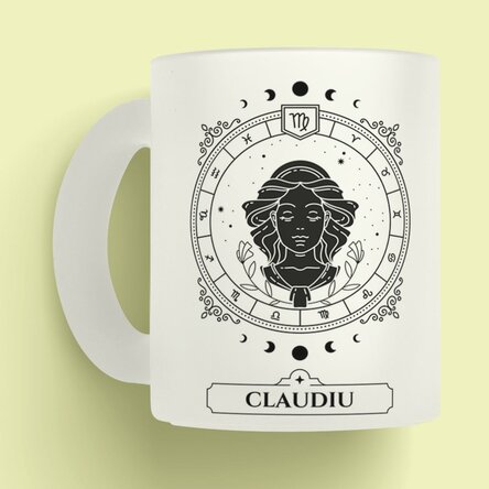 Cană sticlă mată personalizată cu nume și zodie - Fecioara