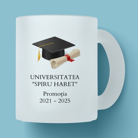 Cană sticlă mată personalizată cu o poză și text - Absolvire