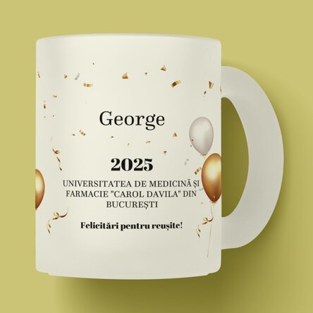 Cană sticlă mată personalizată cu text - His graduation 
