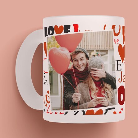 Cană sticlă mată personalizată cu text Love și o poză