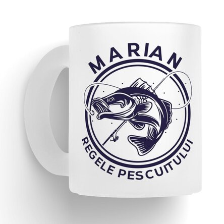 Cană sticlă mată personalizată cu text și nume - Regele pescuitului