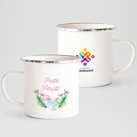 Cană metalică emailată personalizată cu logo și text - Paște Fericit!