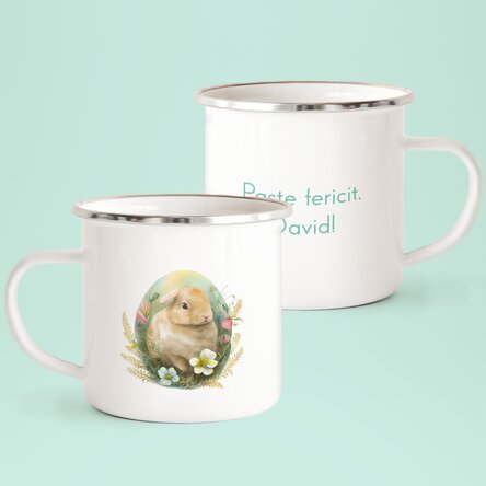Cană metalică emailată personalizată cu mesaj - Paște Fericit!