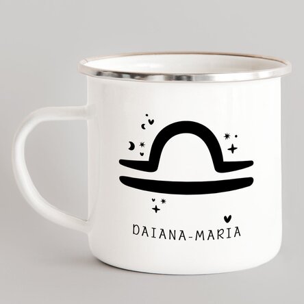 Cană metalică emailată personalizată cu mesaj - Zodia Balanță