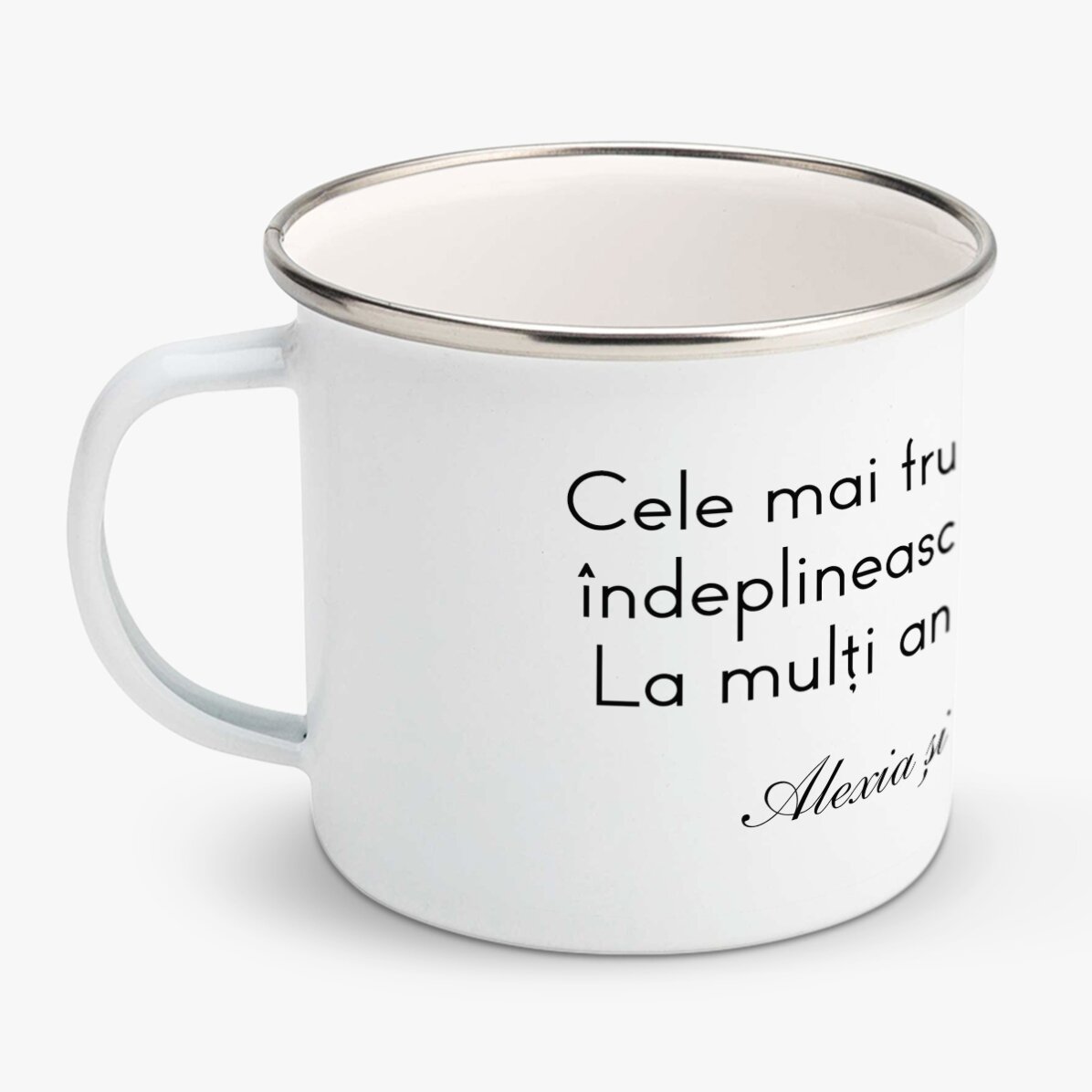 Cană metalică emailată personalizată cu mesaj
