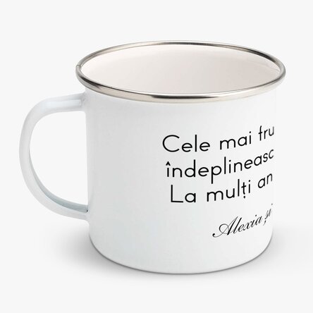Cană metalică emailată personalizată cu mesaj
