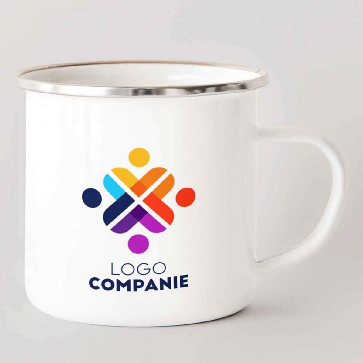 Cană metalică emailată personalizată cu logo pe ambele părți