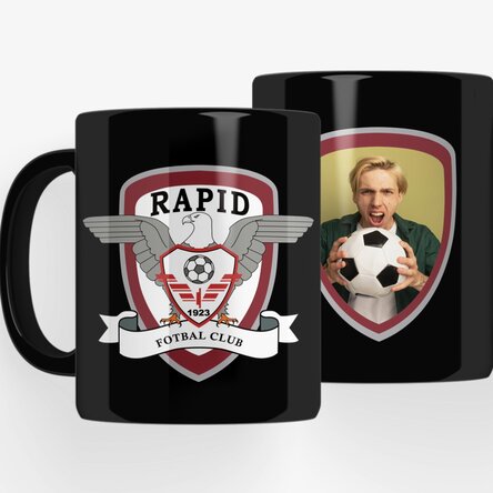 Cană neagră FC Rapid personalizată cu poză