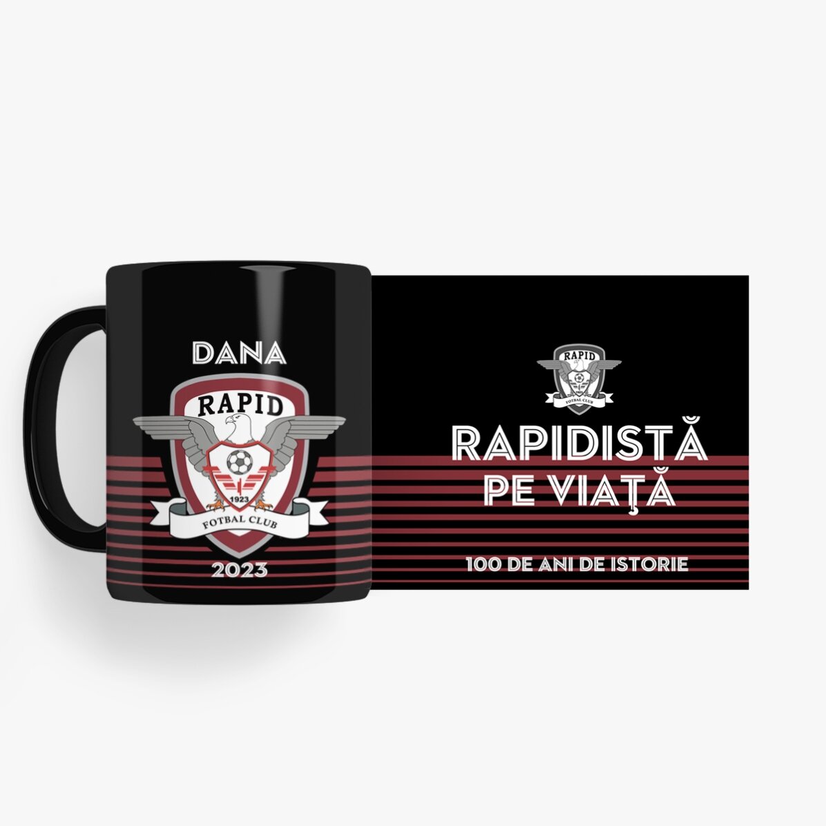 Cană neagră FC Rapid personalizată cu text - Rapidist pe viață