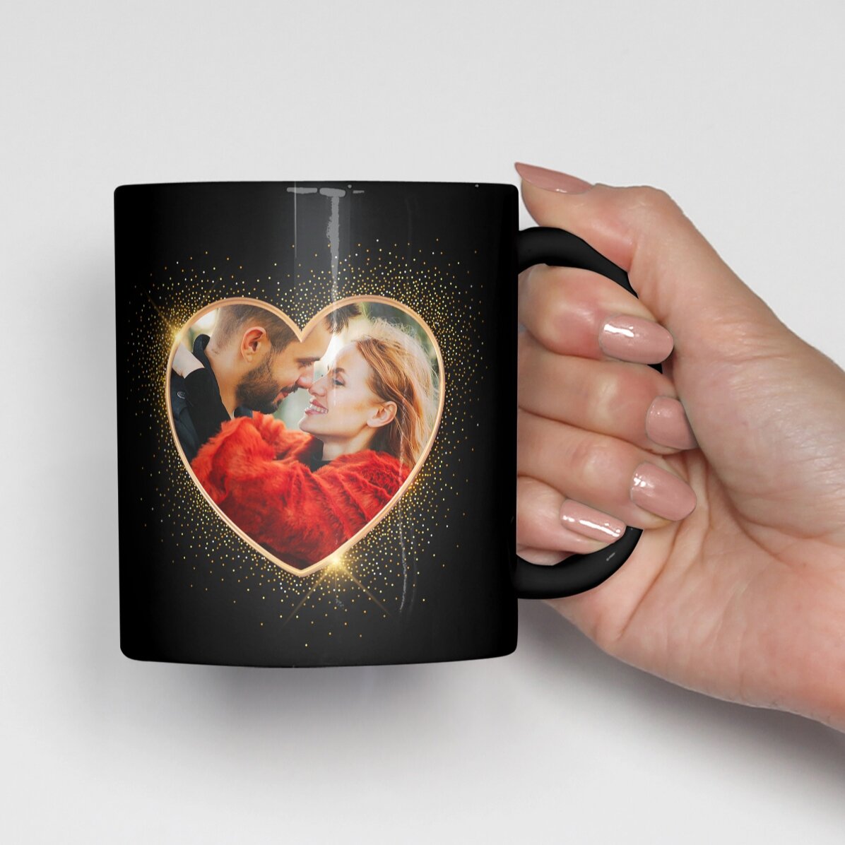 Cană neagră personalizată cu o poză și text - 2 suflete 