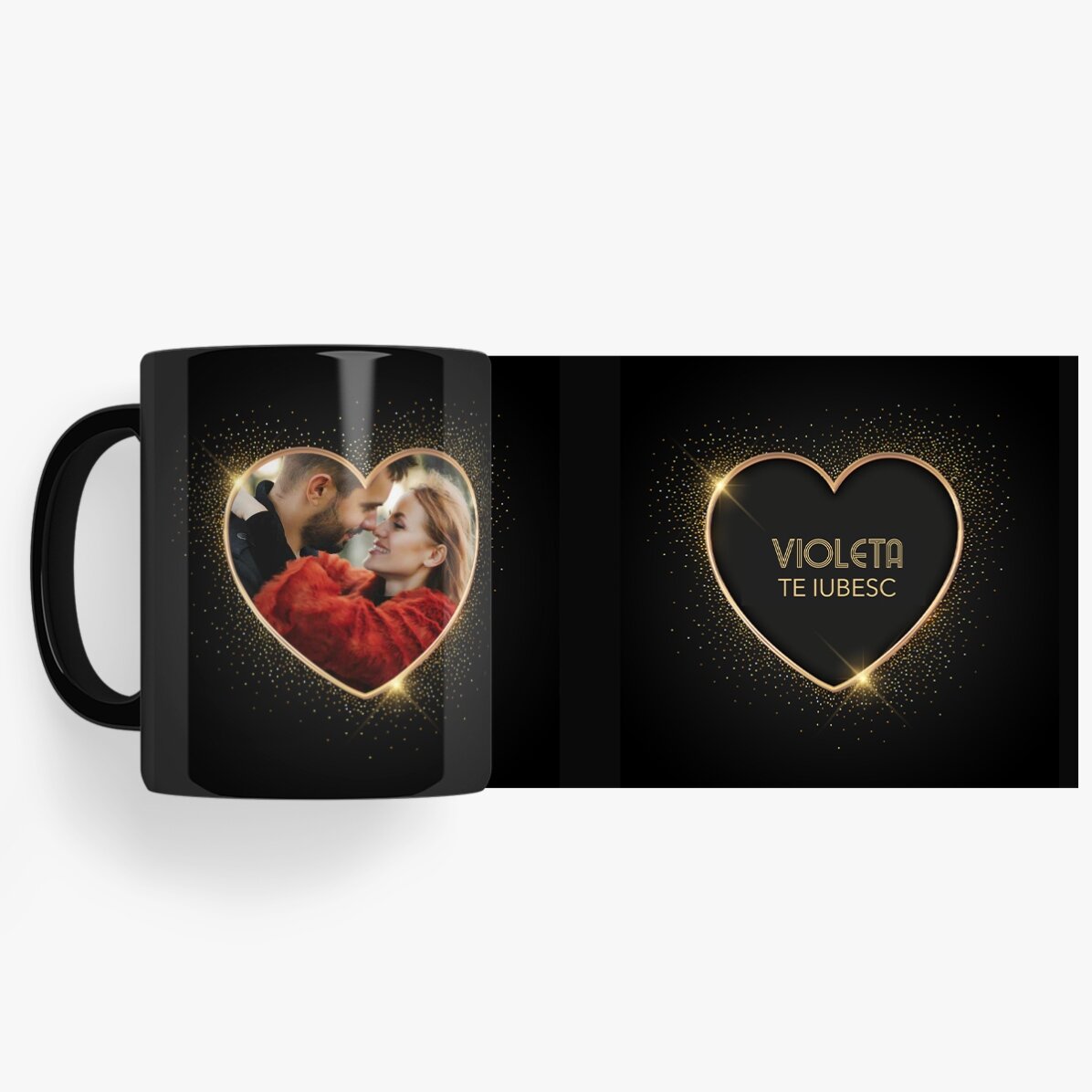 Cană neagră personalizată cu o poză și text - 2 suflete 