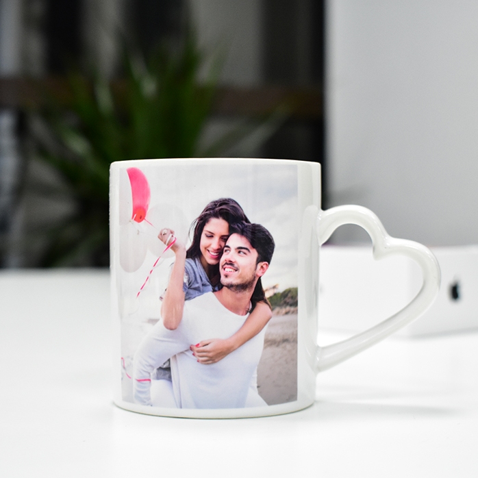 Cană personalizată cu 2 poze  - model toartă în formă de inimă 