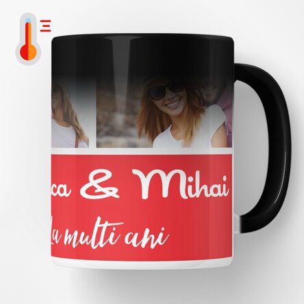 Cană termosensibilă personalizată cu 3 poze și text 