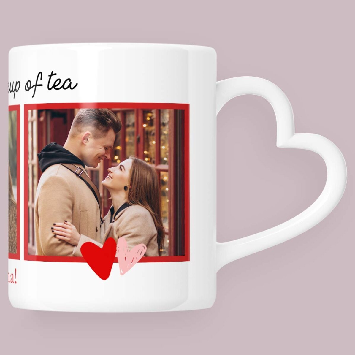 Cană personalizată cu 3 poze și text - My favorite - model toartă în formă de inimă 