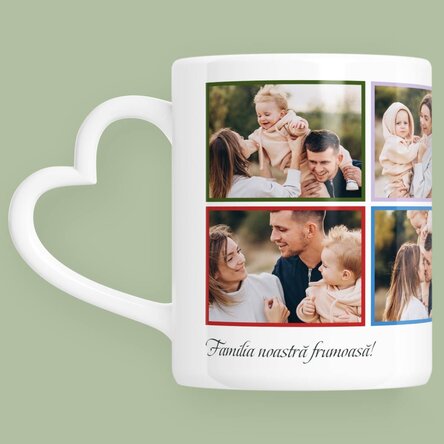 Cană personalizată cu 8 poze și text - model toartă în formă de inimă 