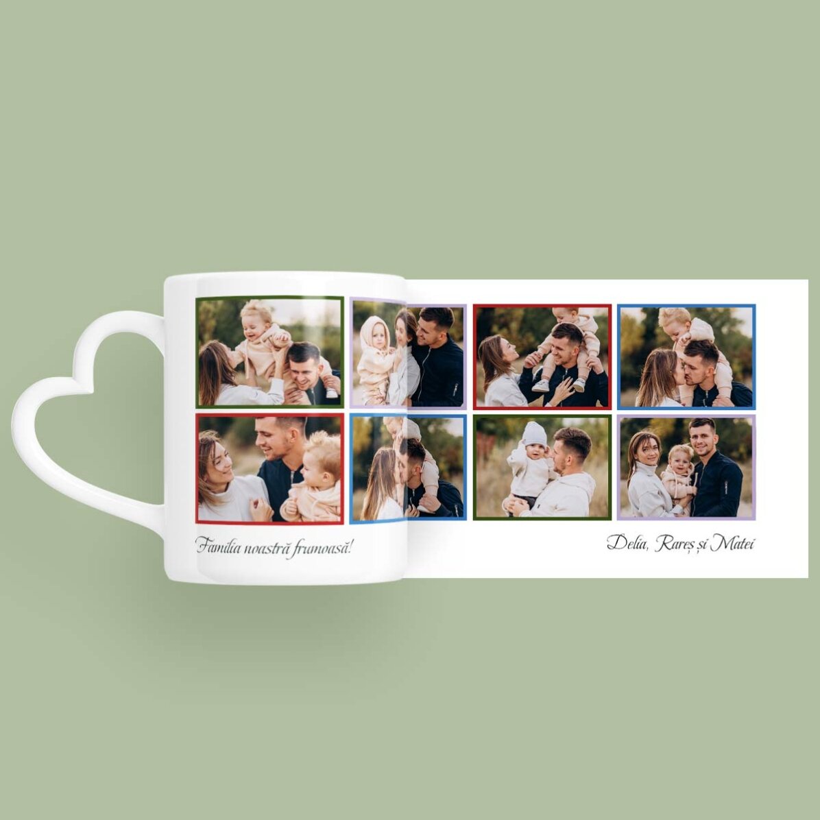 Cană personalizată cu 8 poze și text - model toartă în formă de inimă 