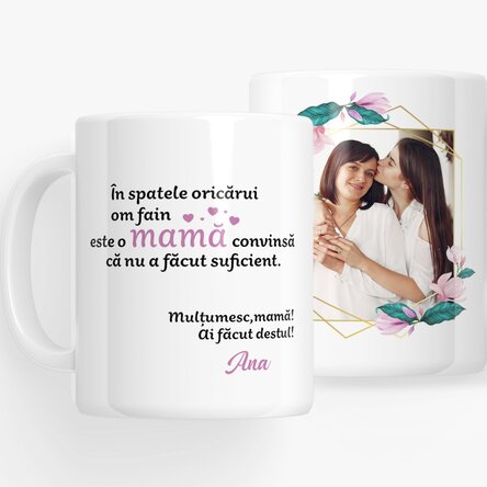 Cană personalizată cu o poză și text - Mulțumesc, mamă!