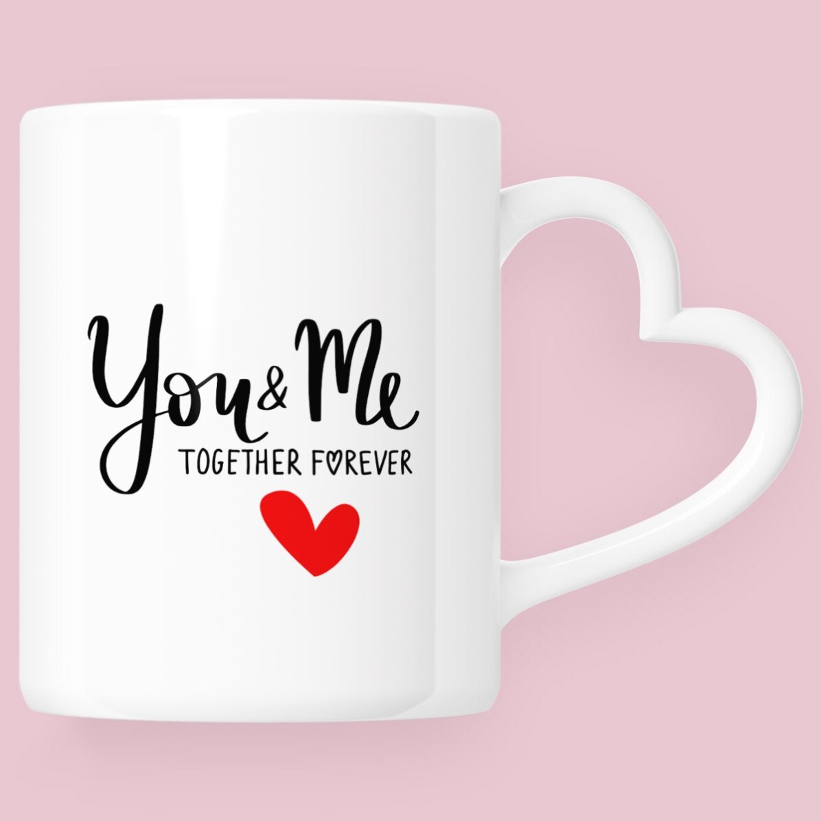 Cană personalizată cu o poză și text - You&Me - model toartă în formă de inimă