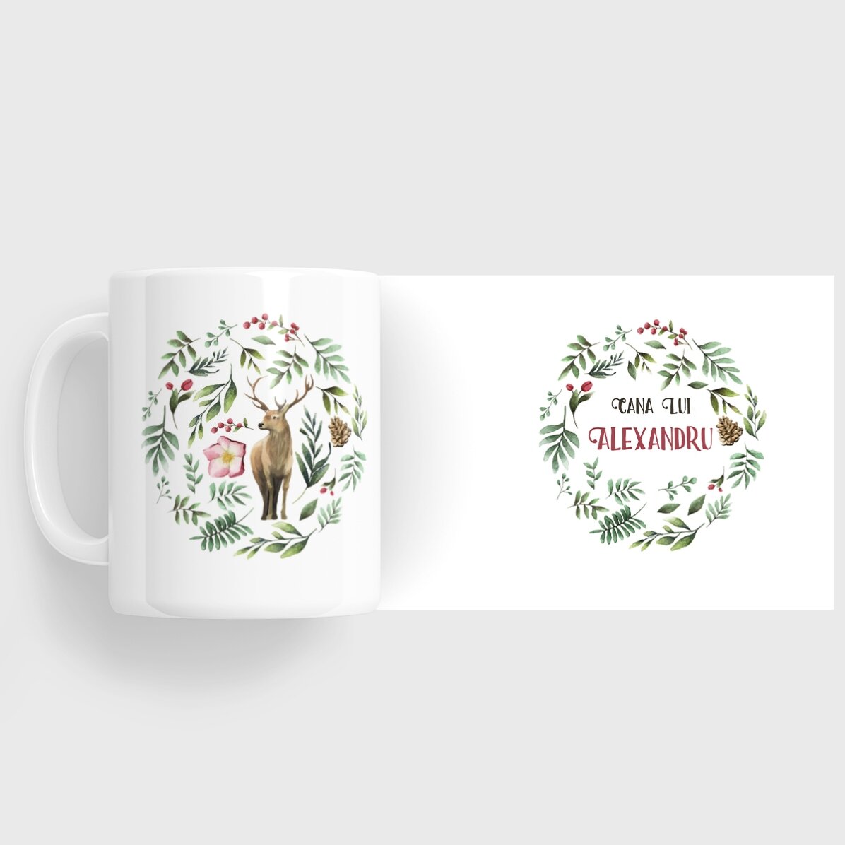 Cană personalizată cu ren pentru el - model de Crăciun