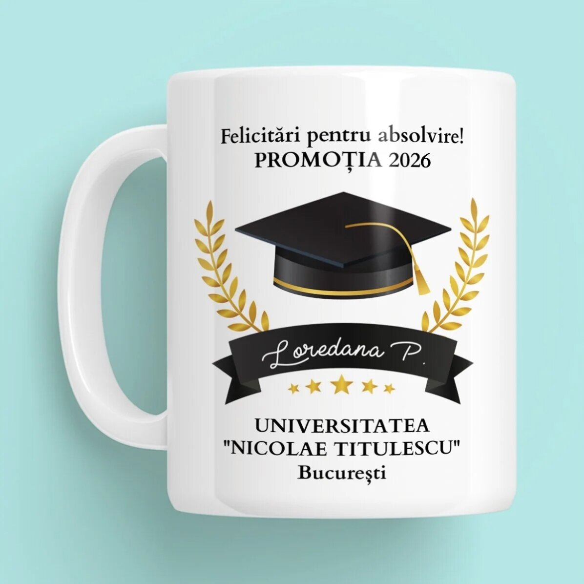 Cană personalizată cu text - Felicitări pentru absolvire