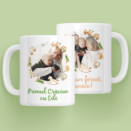 Cană personalizată cu text și 2 poze - Primul Crăciun