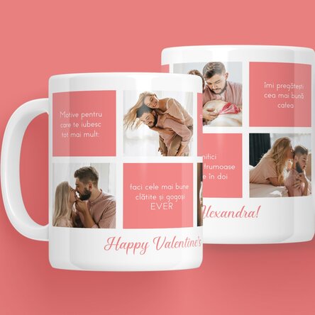 Cană personalizată cu text și 5 poze - Motive pentru care te iubesc