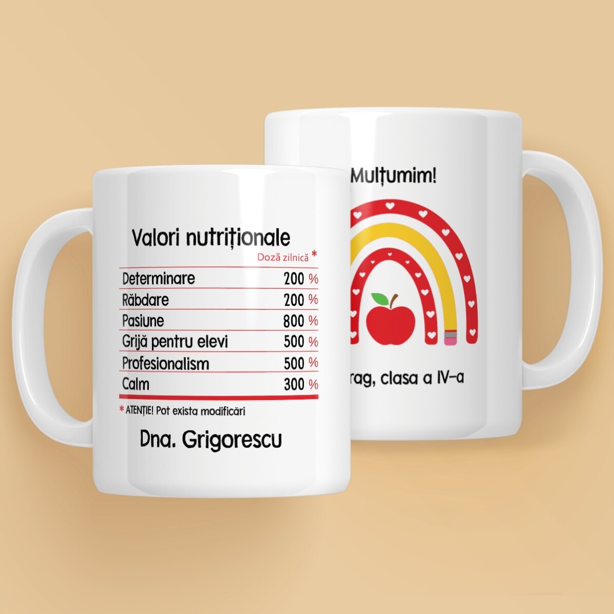 Cană personalizată cu text - Valori nutriționale pentru profesori
