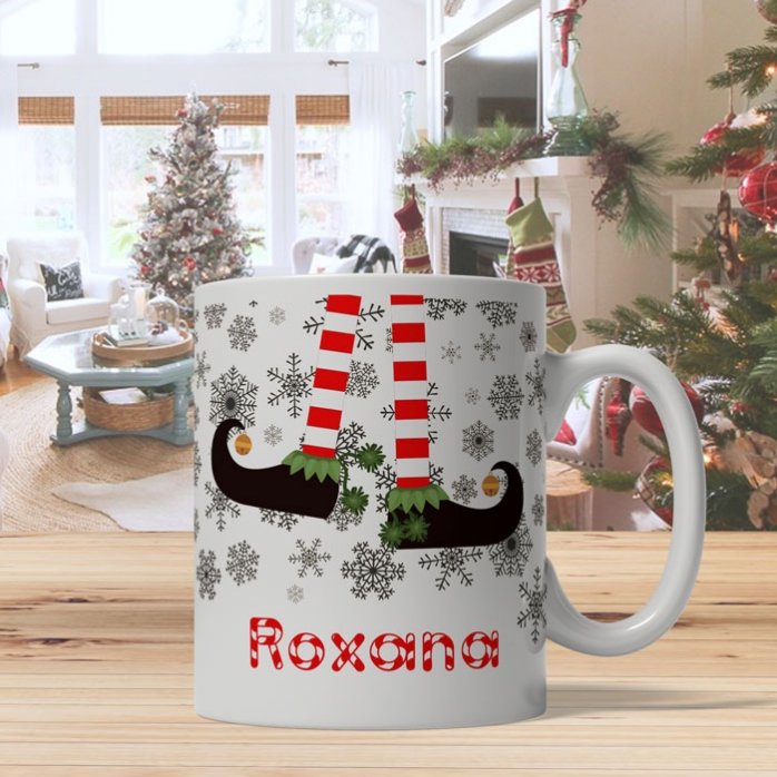 Cană personalizată Elf cu text - model de Crăciun