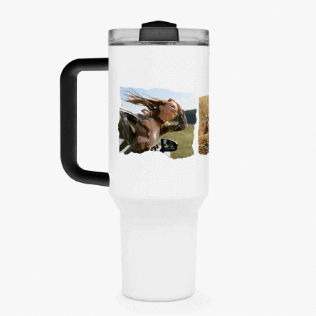 Cană termos cu mâner și pai personalizată cu 3 poze și text - Experience adventure