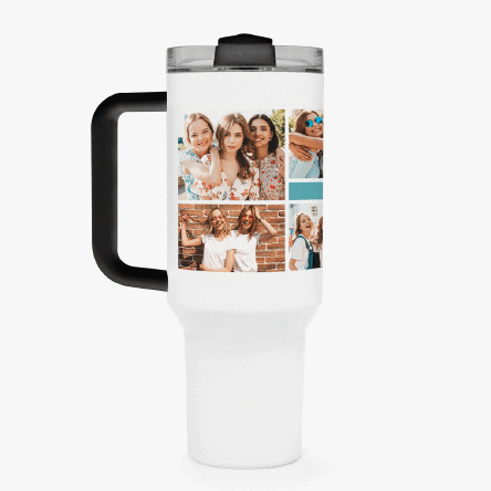 Cană termos cu mâner și pai personalizată cu colaj de poze și mesaj