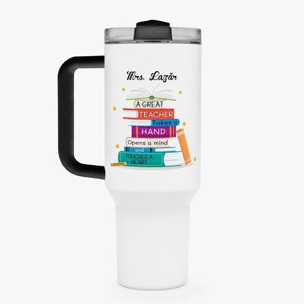 Cană termos cu mâner și pai personalizată cu mesaj - Books