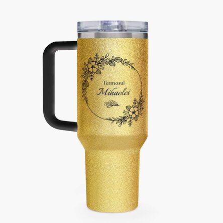 Cană termos cu mâner și pai personalizată cu mesaj - Flowers