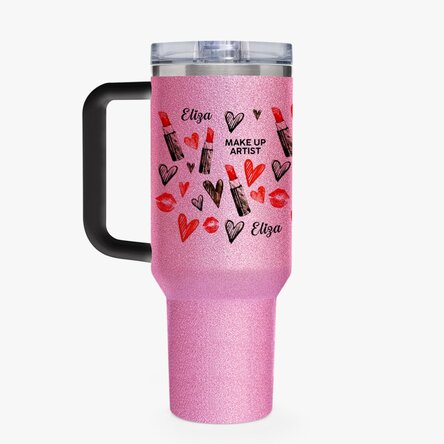 Cană termos cu mâner și pai personalizată cu mesaj - Make up artist
