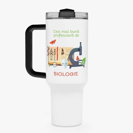 Cană termos cu mâner și pai personalizată cu mesaj - Profesor de Biologie