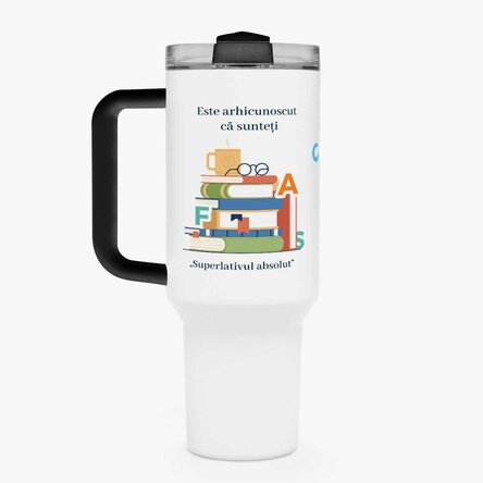 Cană termos cu mâner și pai personalizată cu mesaj - Profesor de Română