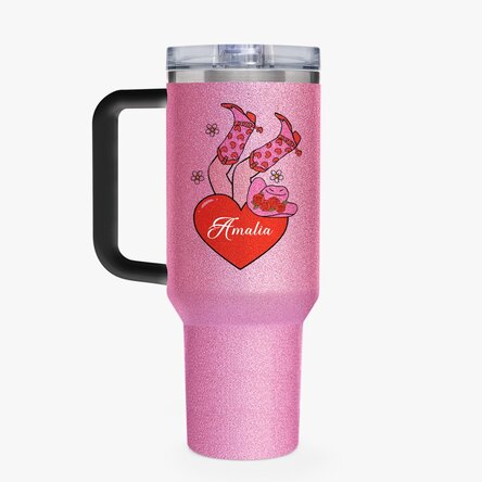 Cană termos cu mâner și pai personalizată cu nume - Cowboy Girl