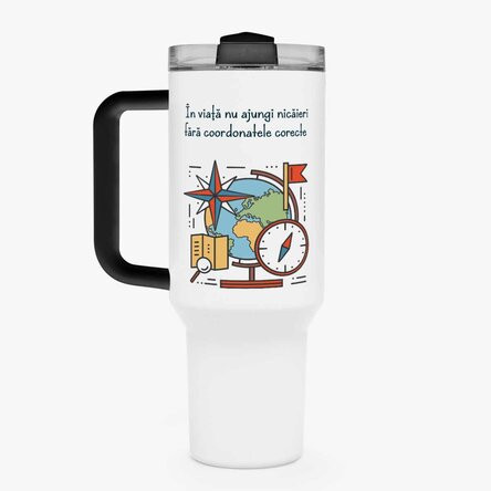 Cană termos cu mâner și pai personalizată cu text - Profesoară de Geografie