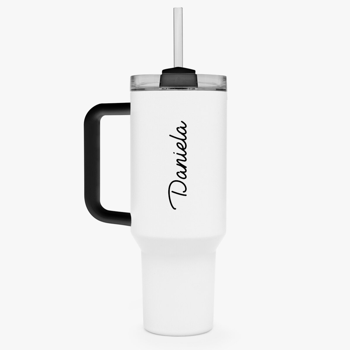 Cană termos cu mâner și pai personalizată cu nume