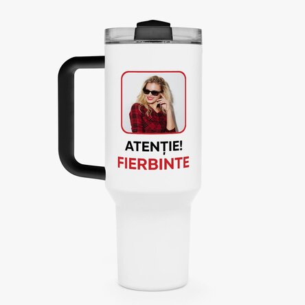 Cană termos cu mâner și pai personalizată cu o poză și text - Fierbinte