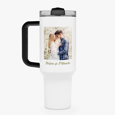 Cană termos cu mâner și pai personalizată cu poză și nume