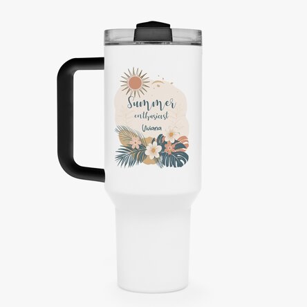 Cană termos cu mâner și pai personalizată cu text - Boho summer