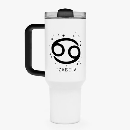 Cană termos cu mâner și pai personalizată cu text - Zodia Rac