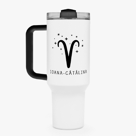 Cană termos cu mâner și pai personalizată cu text - Zodie