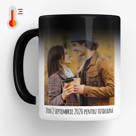 Cană termosensibilă personalizată cu 2 poze și text 