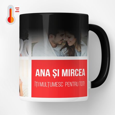 Cană termosensibilă personalizată cu 5 poze și text
